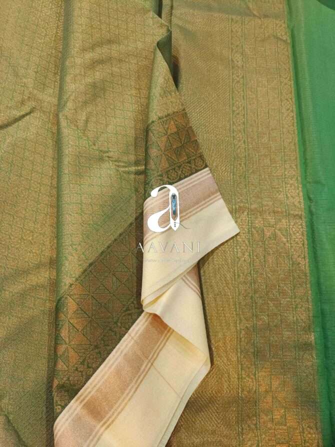 Beautiful Pastel Green Color Korvai Border All Self Silk Cotton Saree - Image 2