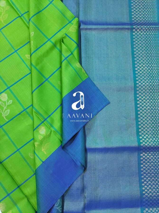 Parrot Green With Blue Combination Soft Silk Saree - Image 2