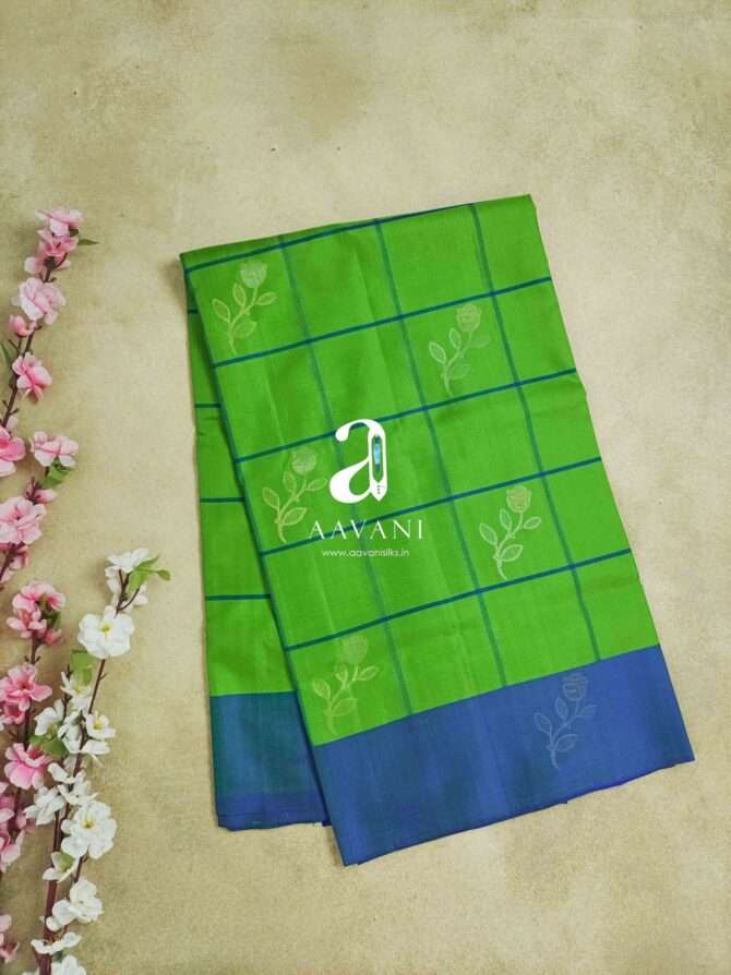 Parrot Green With Blue Combination Soft Silk Saree