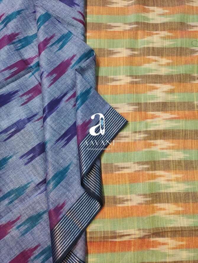 Elegant Dark Grey Ikkat Semi Tusser Saree - Image 4