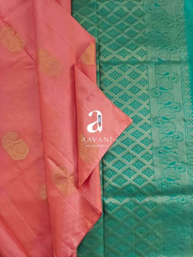 Peach with Green Soft Silk Saree - Image 2