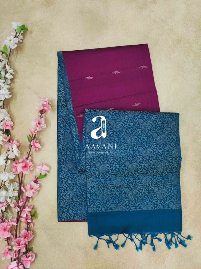 Dark Magenta with Blue Color Turning Border Soft Silk Saree