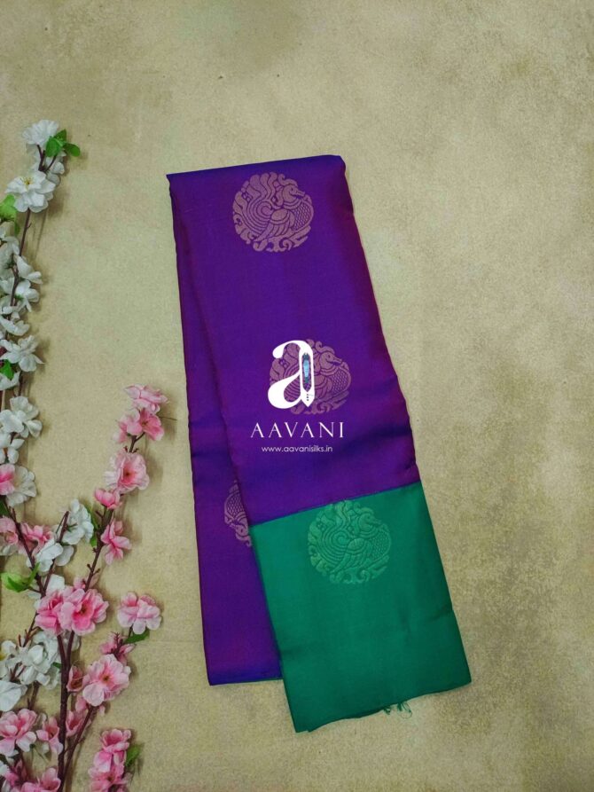Kanjivaram Korvai Border Handloom Silk Saree - Green with Violet