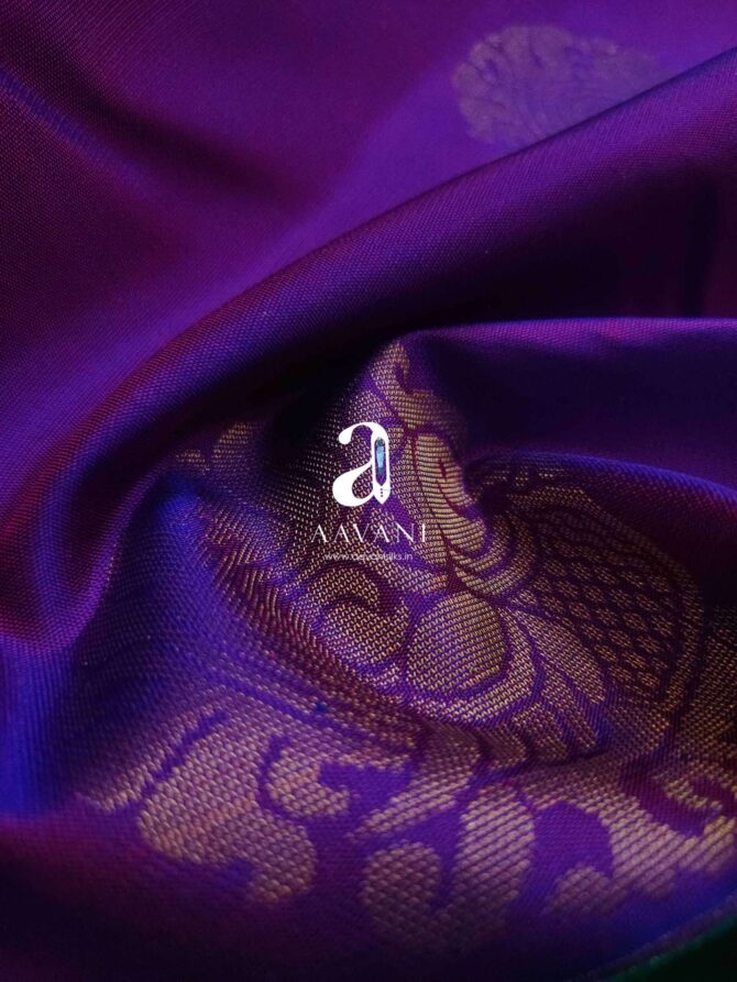 Kanjivaram Korvai Border Handloom Silk Saree - Green with Violet - Image 3