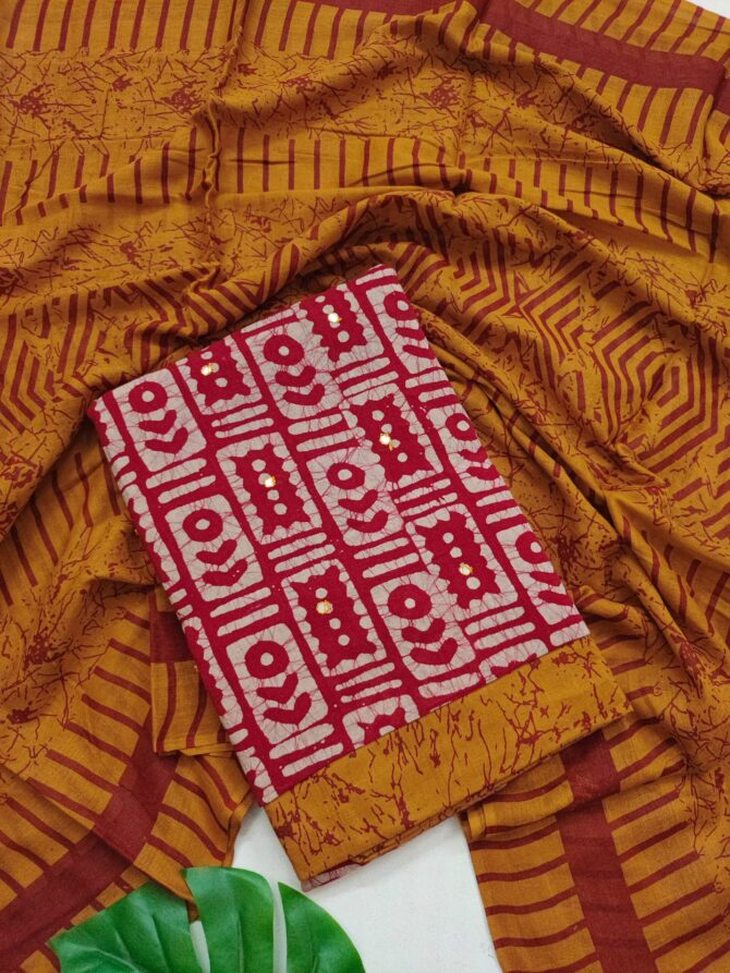 Mustard Color Batik Print Cotton Salwar Material - Unstitched