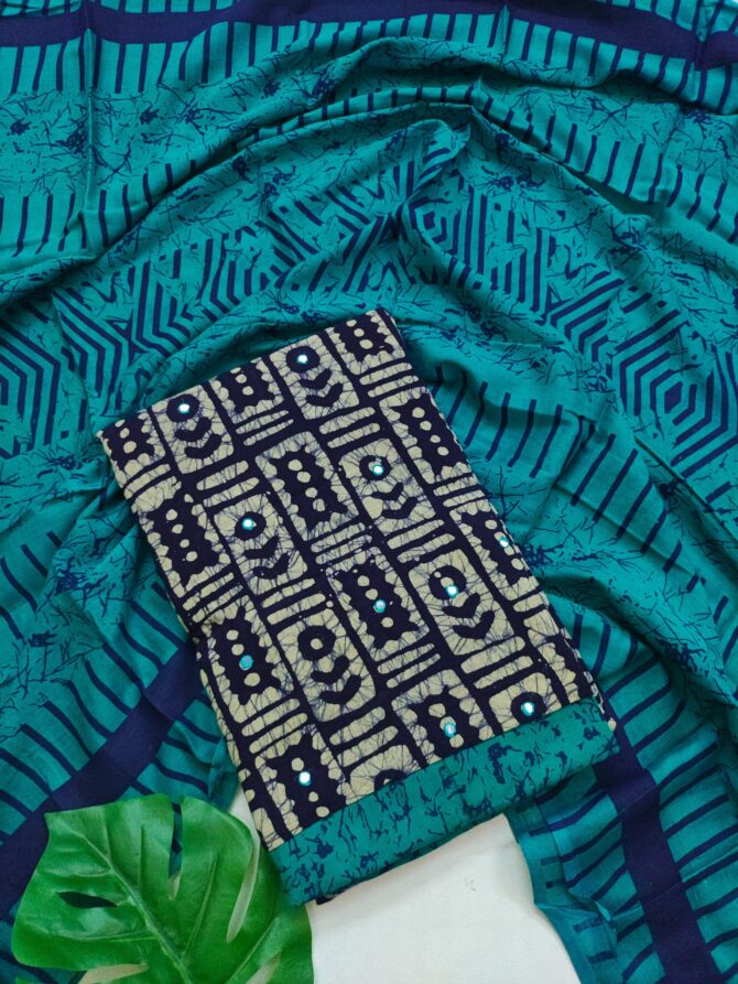 Rama Blue Color Batik Print Cotton Salwar Material - Unstitched