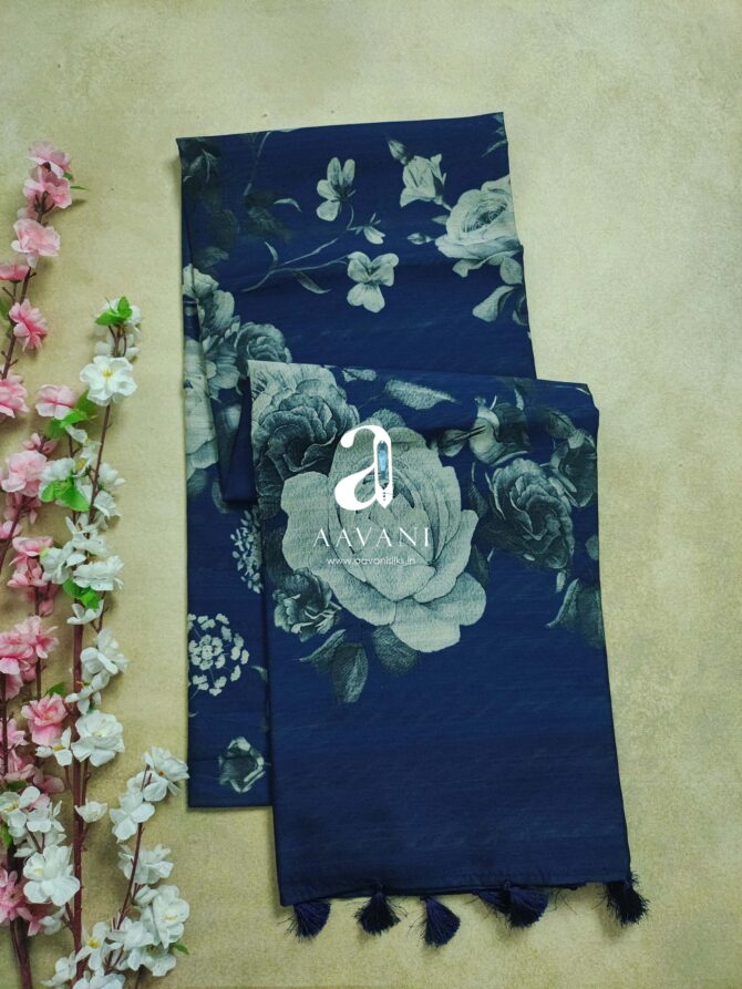 Printed Tussar Saree - Blue Colour