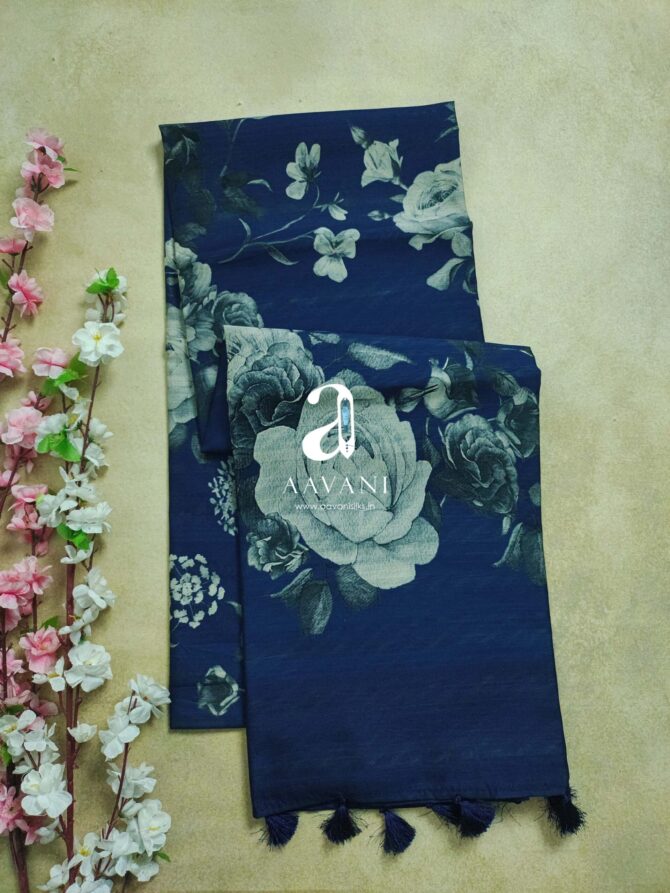 Printed Tussar Saree - Blue Colour