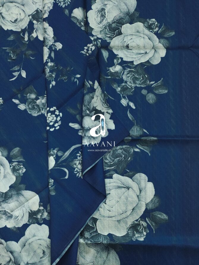 Printed Tussar Saree - Blue Colour - Image 2