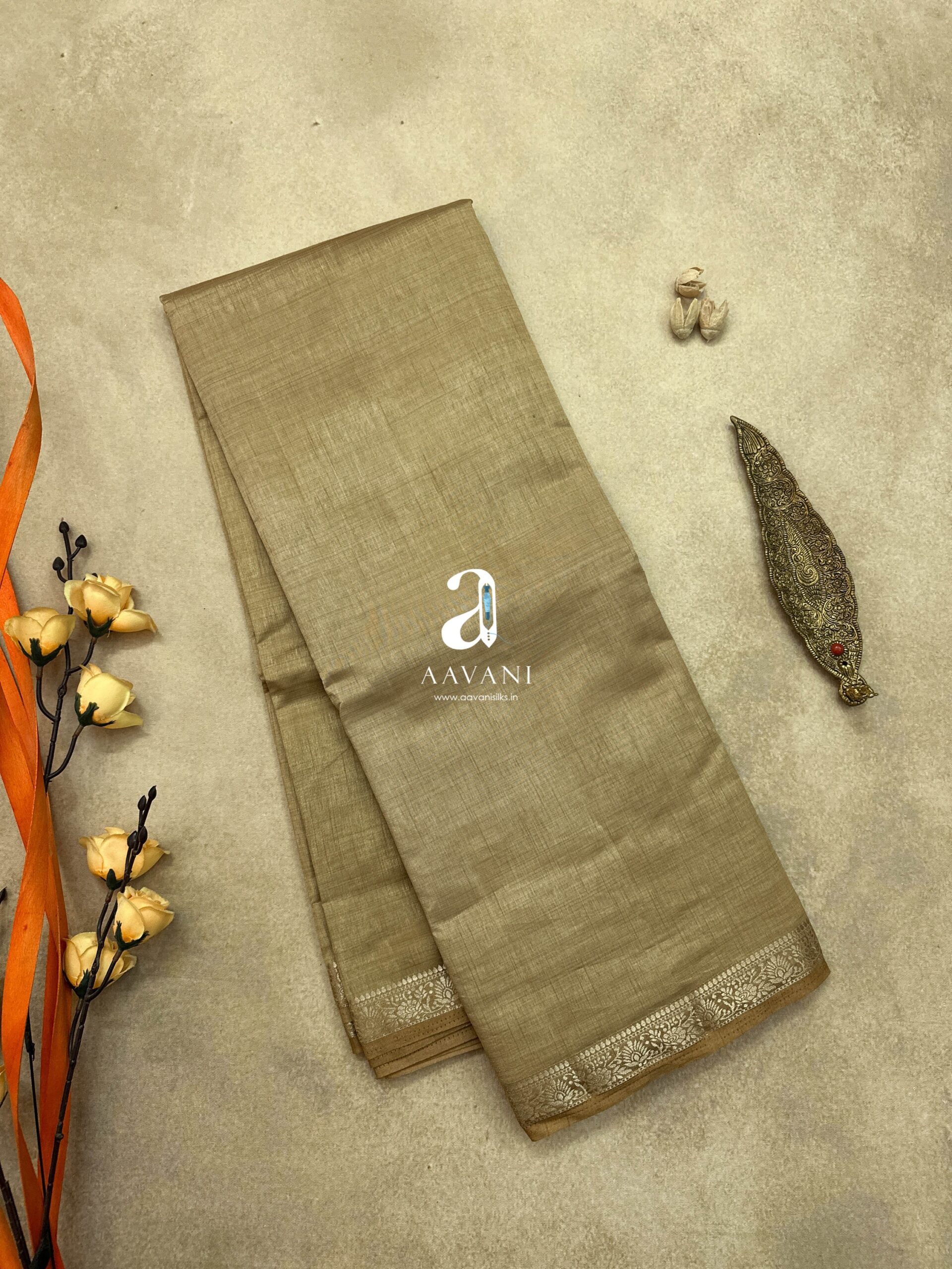 Semi Tussar Saree - khaki colour