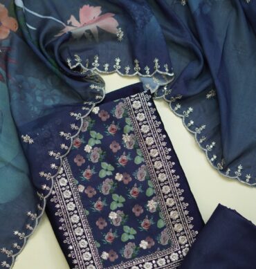 Premium Navy blue Vichitra Silk - Unstitched Salwar Material
